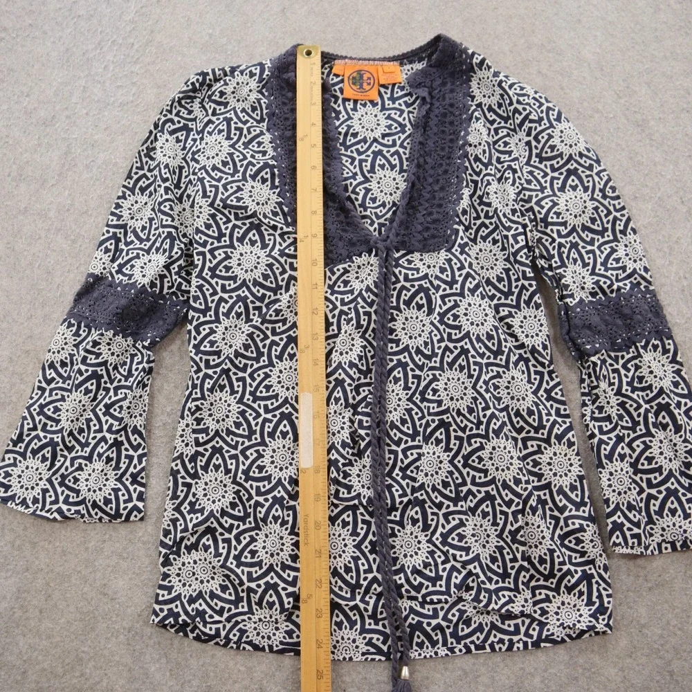 Tory Burch Top Womens 4 Blue Peasant Front Tie Floral Scoop Neck